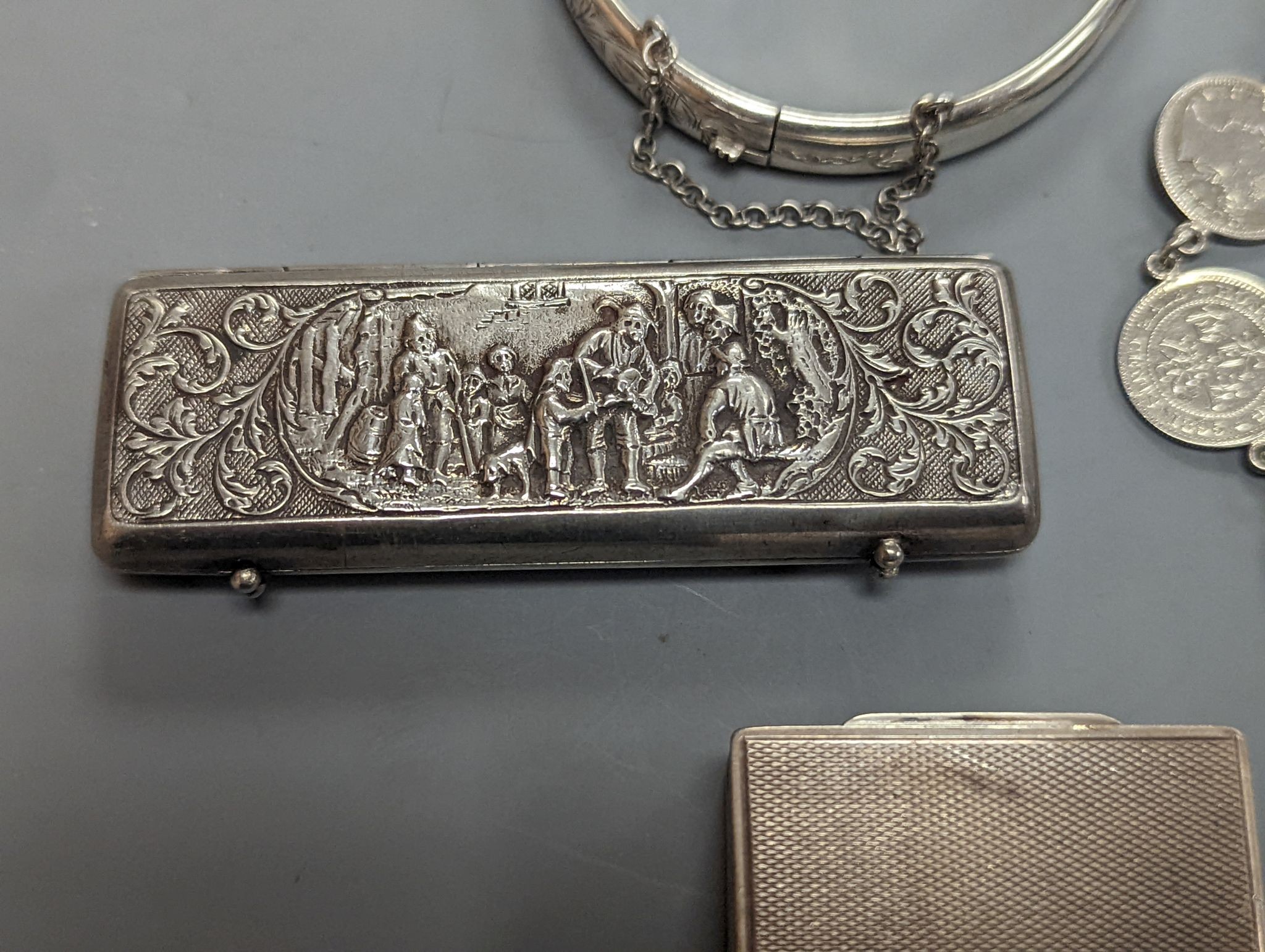 Two Austro Hungarian white metal snuff boxes, a bracelet and coin bracelet.